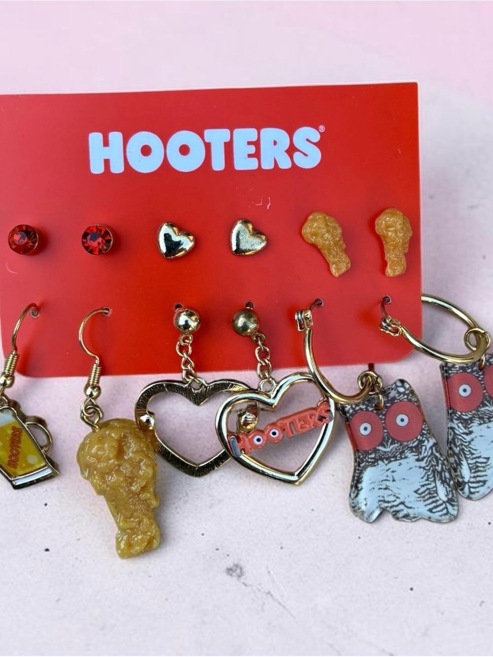 Hooters Kids Gold & Red Charm Earring Set - Heart, Wing & Snack Motifs